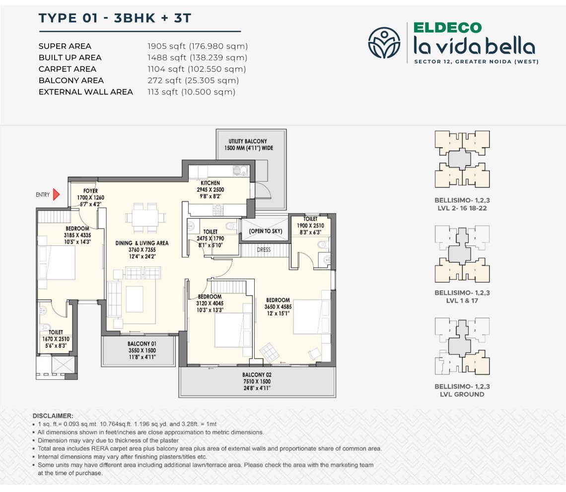 Eldeco La Vida Bella 3 BHK Plan